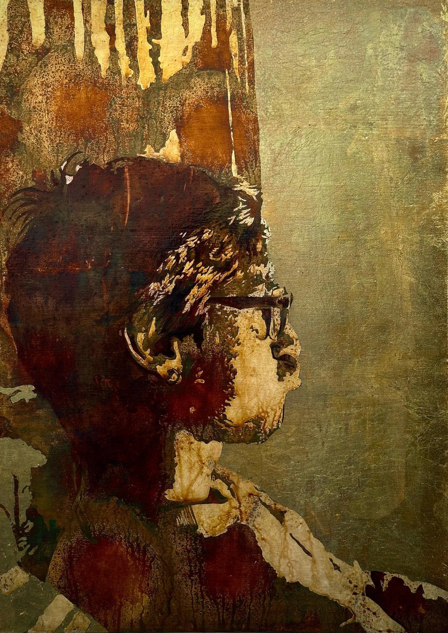 Back to the Broadcast, Portrait Painting by Swarim Abid, Oxidized Silver leaf on Canvas, 19.5 x 27.5 inches