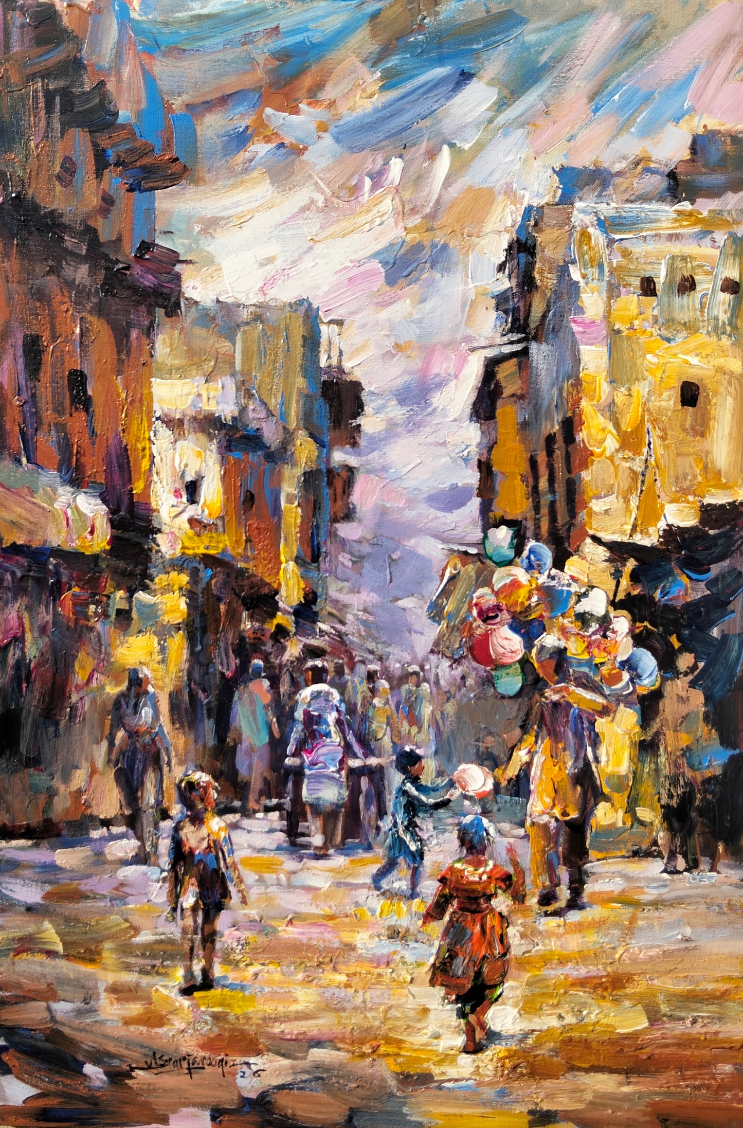 Balloon Seller-I, Cityscape Painting by Asrar Farooqi, Acrylic on Canvas, 24 x 36 inches