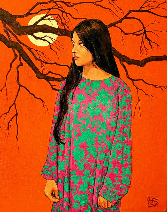 Beneath the Orange Sky, Figurative Painting by Najia Azmat, Oil on Canvas, 16 x 20 Inches