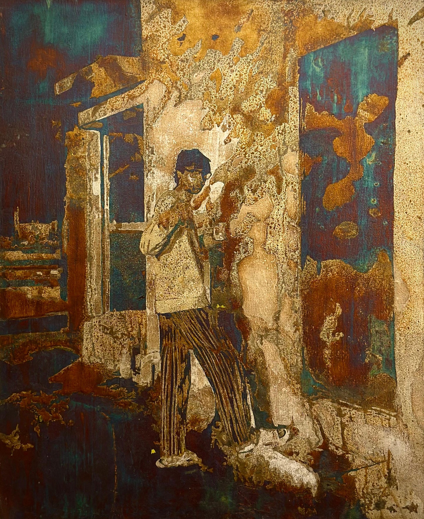 Breaching Point, Figurative Painting by Swarim Abid, Oil Paints & Oxidized Silver leaf on Canvas, 17.7 x 21.7 inches