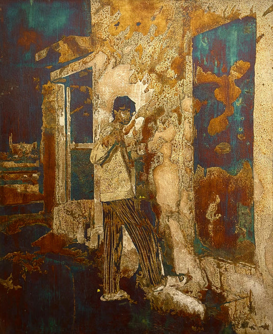 Breaching Point, Figurative Painting by Swarim Abid, Oil Paints & Oxidized Silver leaf on Canvas, 17.7 x 21.7 inches