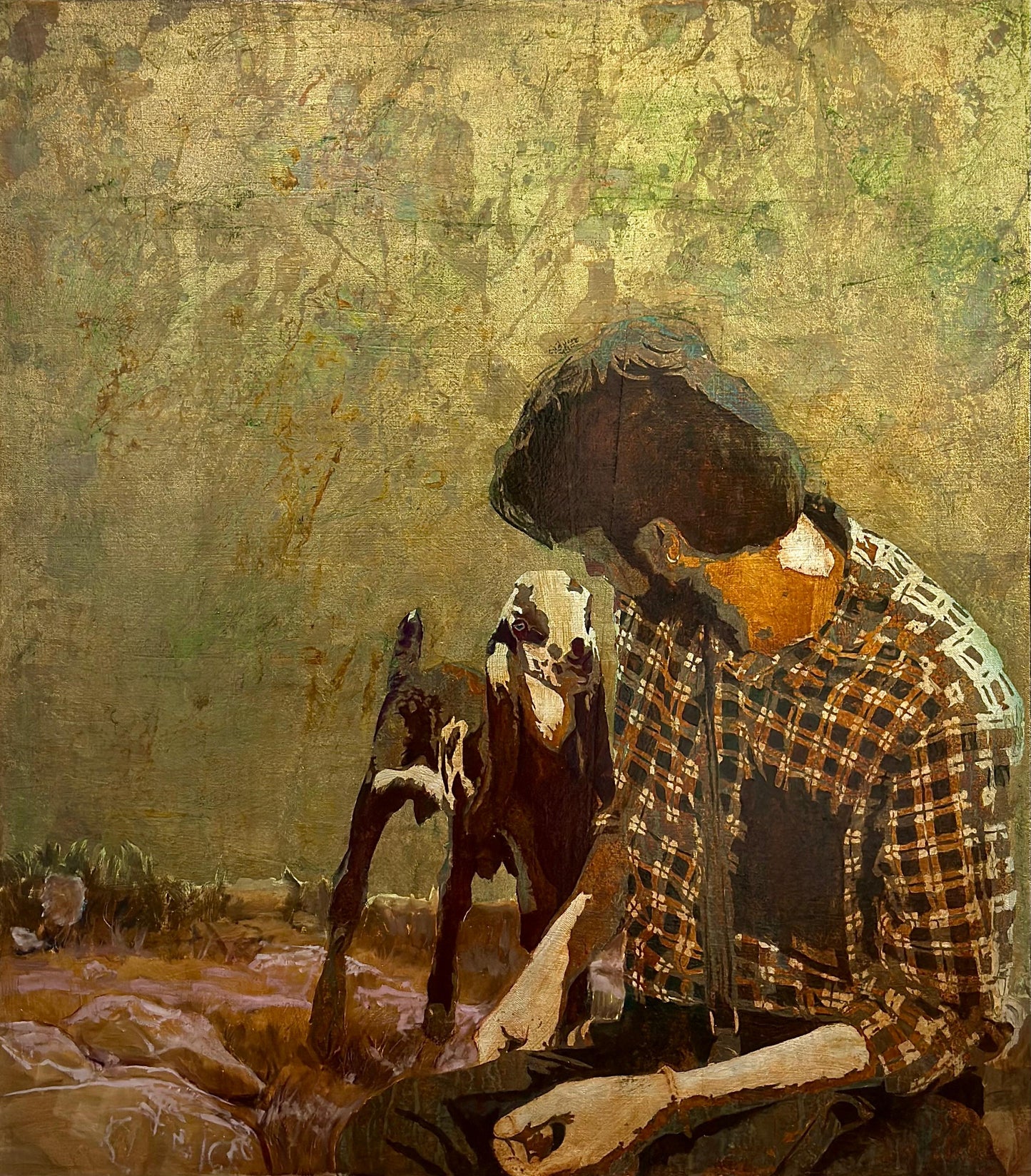 Collateral Grace, Figurative Painting by Swarim Abid, Oil Paints & Oxidized Silver leaf on Canvas, 27.6 x 31.5 inches