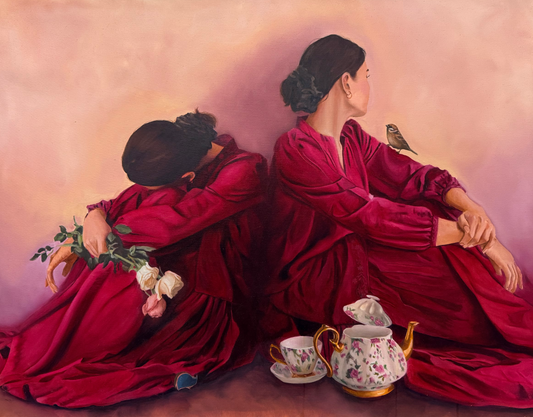 A Secret Kept In Crimson, Figurative Painting by Marwa Hafeez, Oil on Canvas, 40 x 32 inches