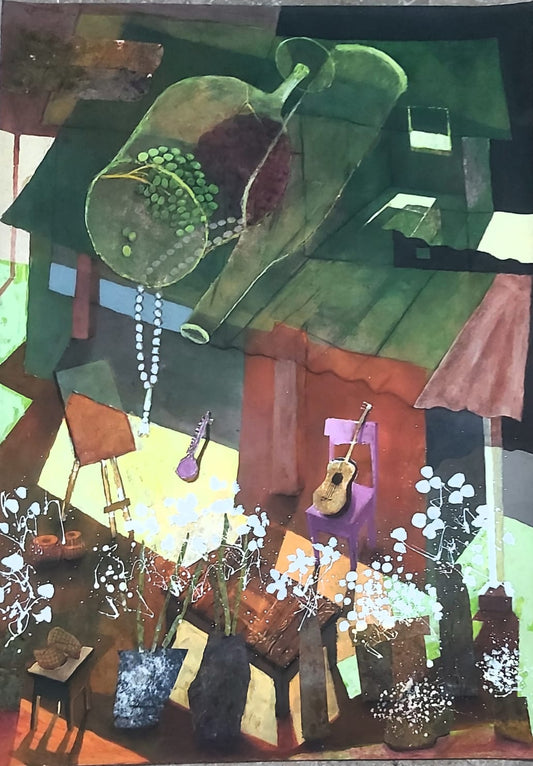 Abstract Painting by Masood A Khan, Mixed Media on Paper, 34 x 50 Inches