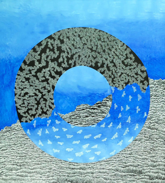 Cycles of Becoming, Abstract Painting by Isra Noman, Ink on Canvas, 54 x 60 inches