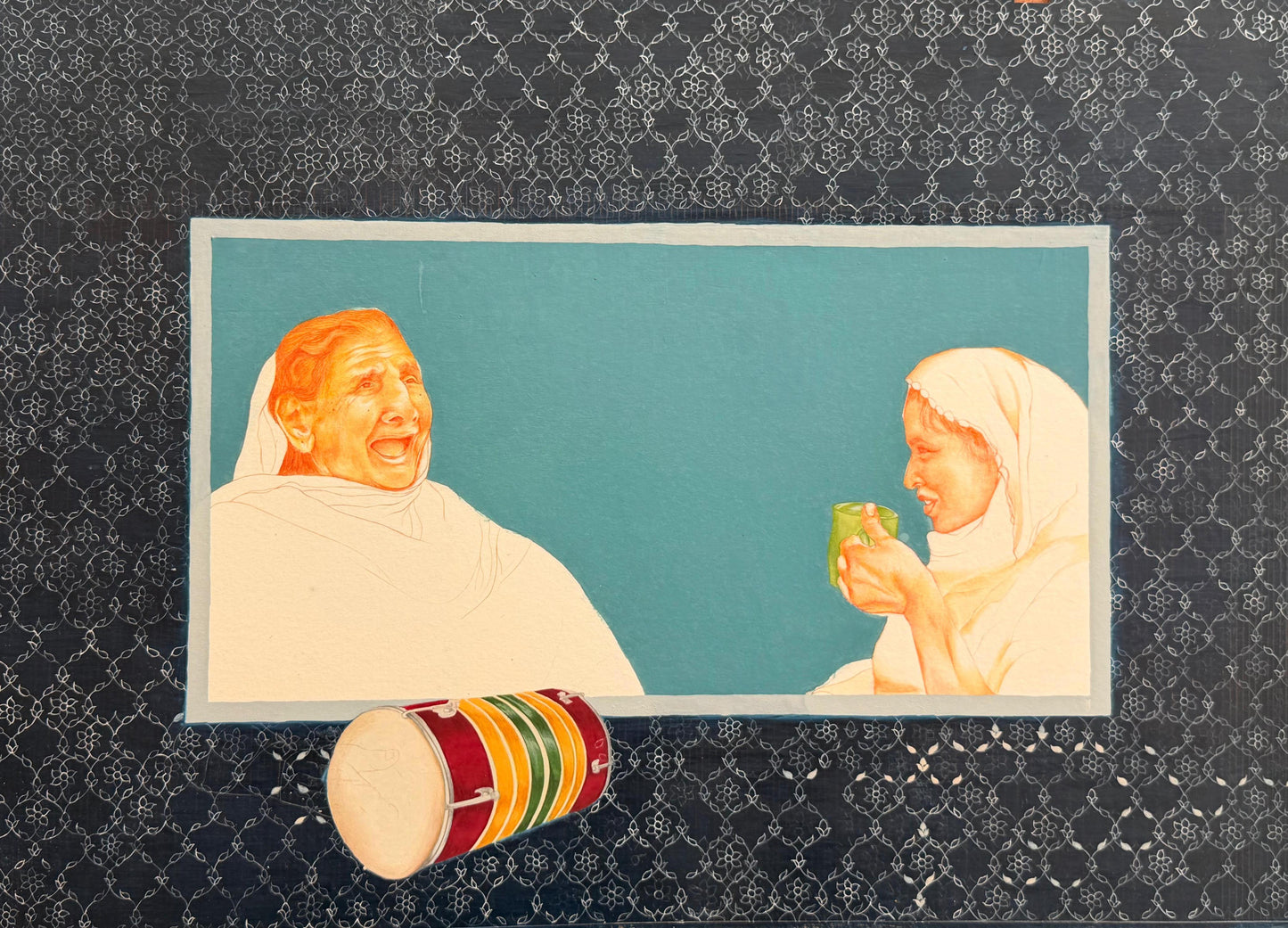 Dholak, Figurative Painting by Bakhtawar Naqvi, Gouache & Watercolour on Wasli, 20.5 x 14.5 inches