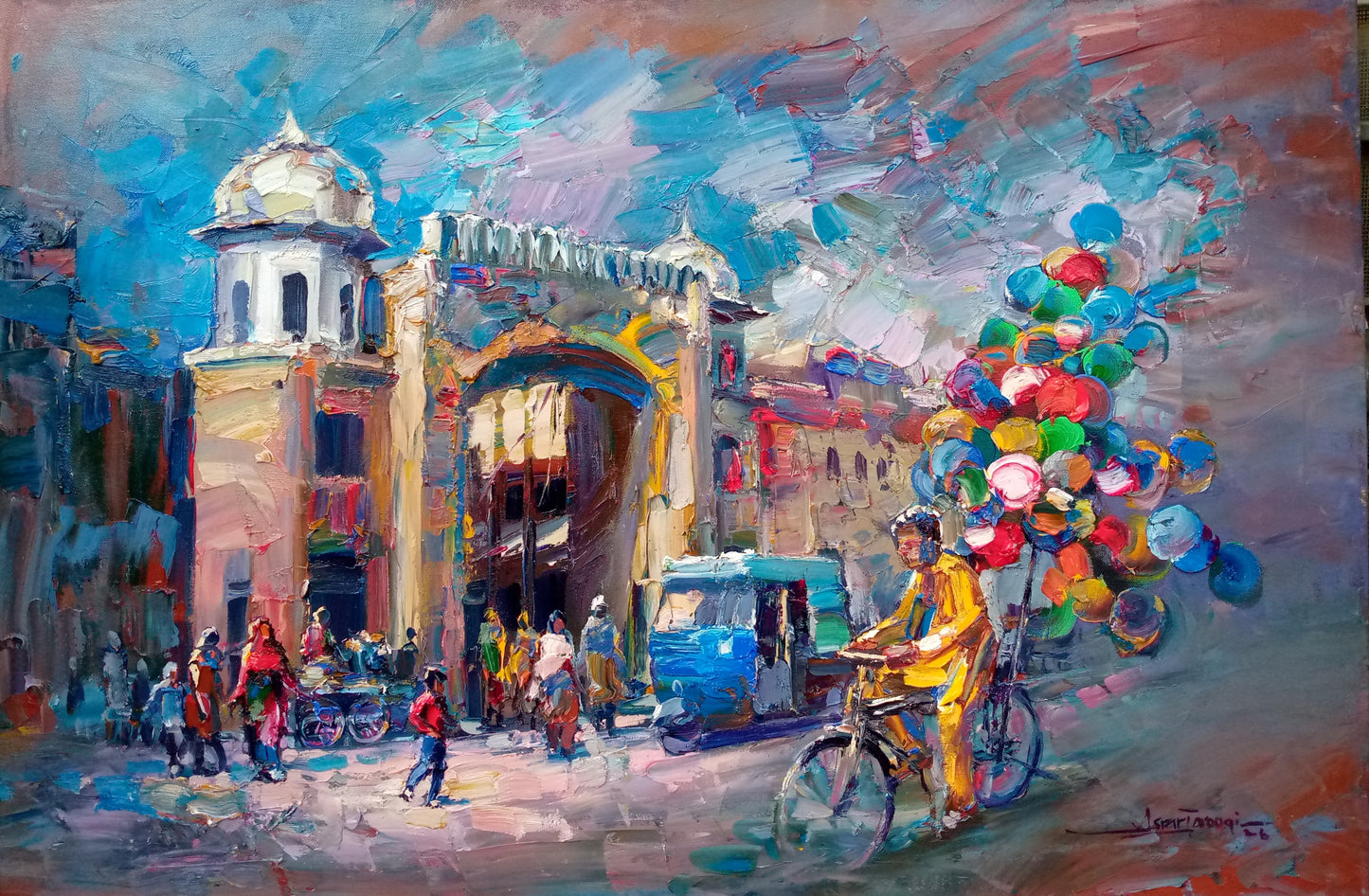 Balloon Seller-III, Cityscape Painting by Asrar Farooqi, Acrylic on Canvas, 36 x 24 inches