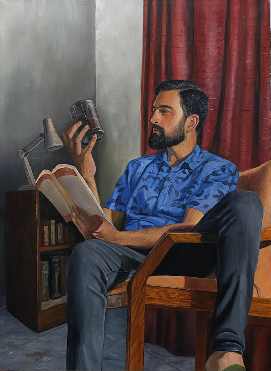 He Sat Unspoken, Figurative Painting by Muqeet Haider, Oil on Canvas, 30 x 42 inches