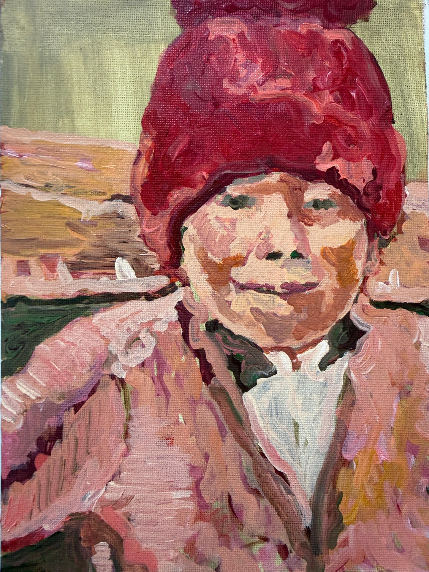 Little Boy In Red Cap, Portrait Painting by Laiba Tanveer, Acrylic on Canvas, 8 x 11 inches