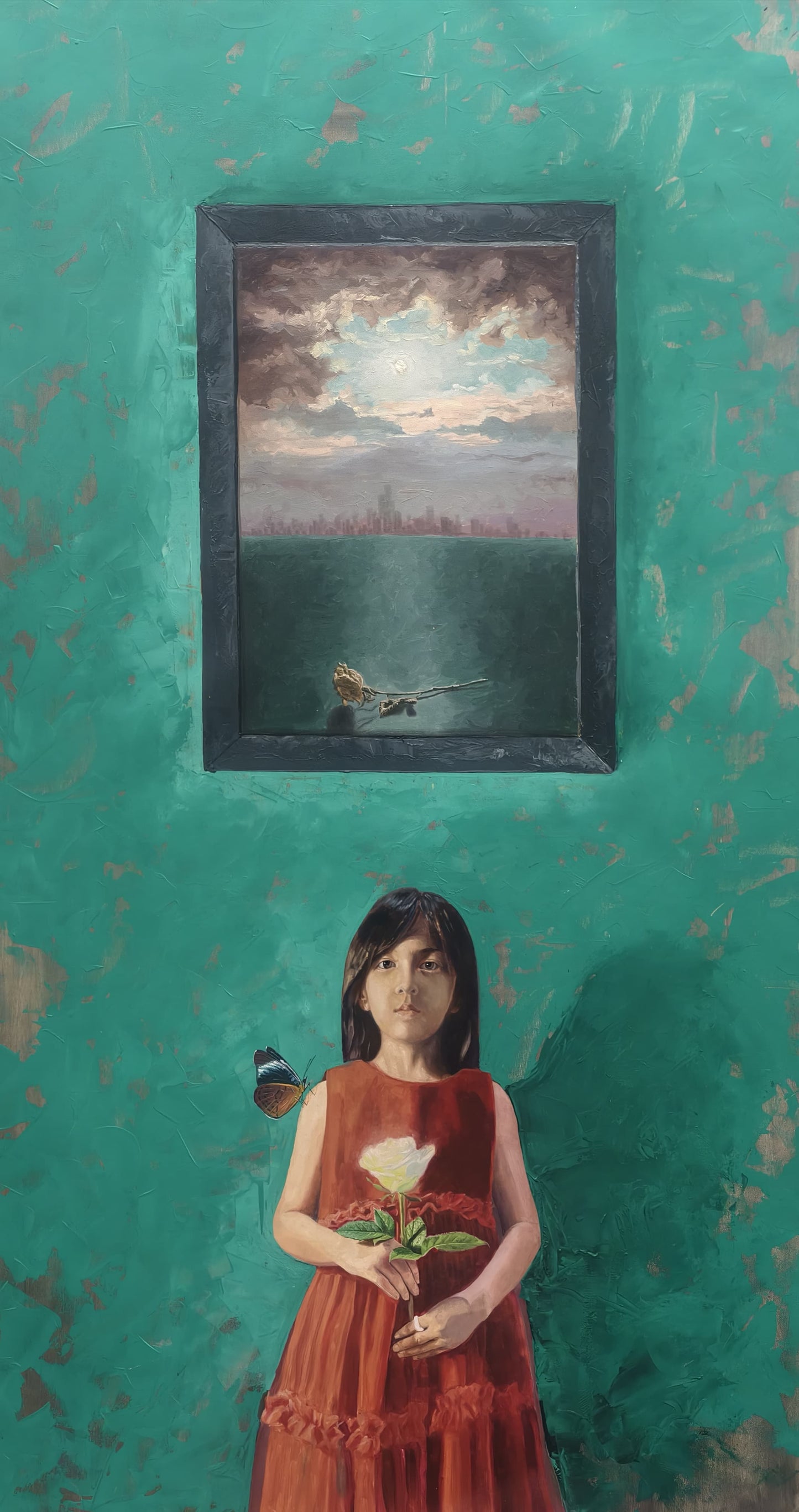 Borrowed Green, Figurative Painting by Safwan Bashir, Oil on Canvas, 35 x 60 Inches