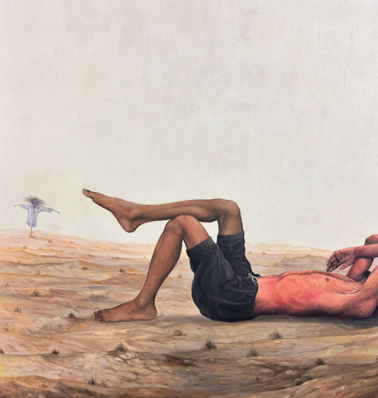 Battling Self-Erected Scarecrows, Figurative Painting by Asif Hussain, Oil on Canvas, 28 x 26 inches