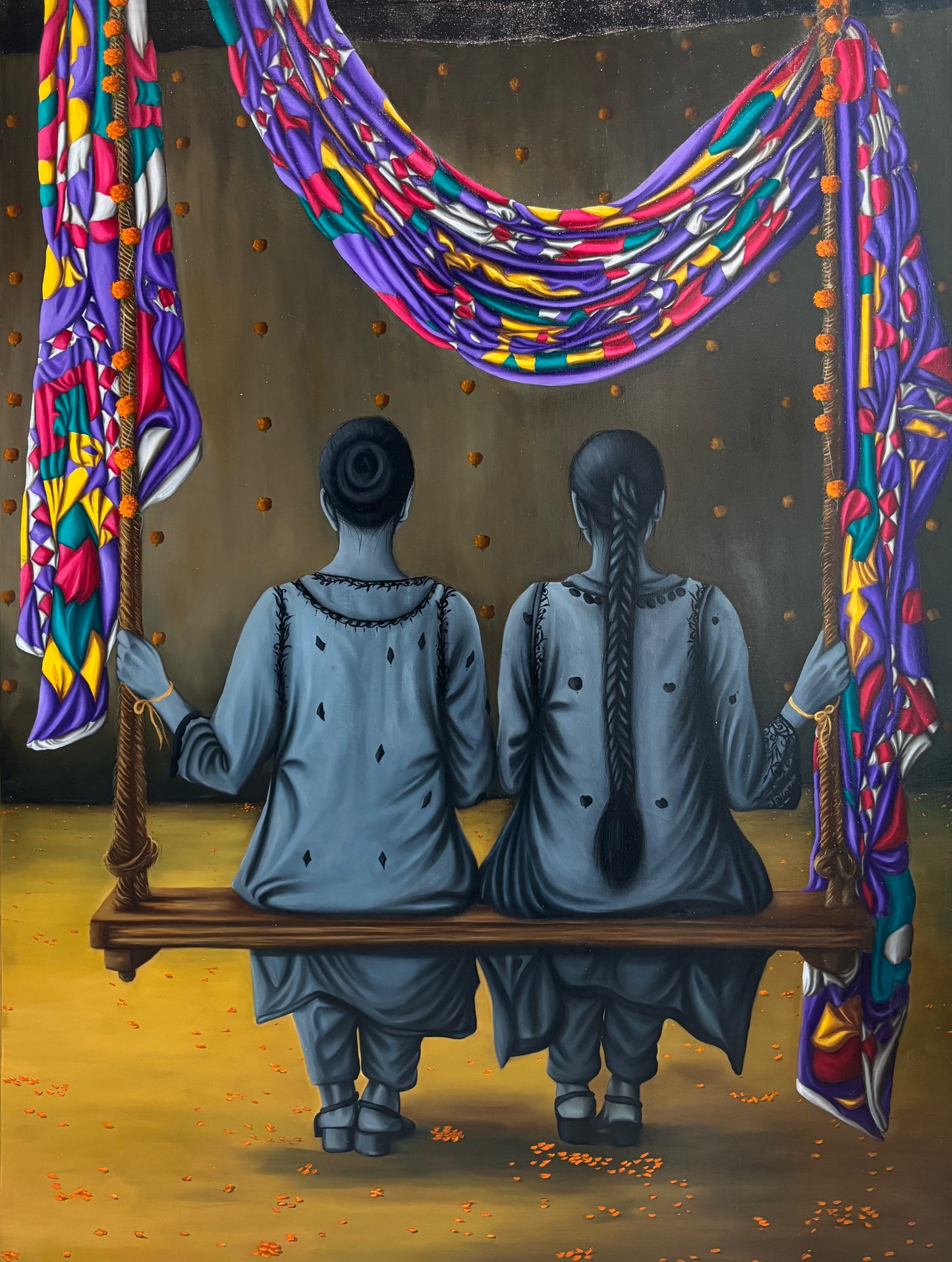 Vibrant Silences, Figurative Painting by Lalarukh, Oil on Canvas, 36 x 48 inches