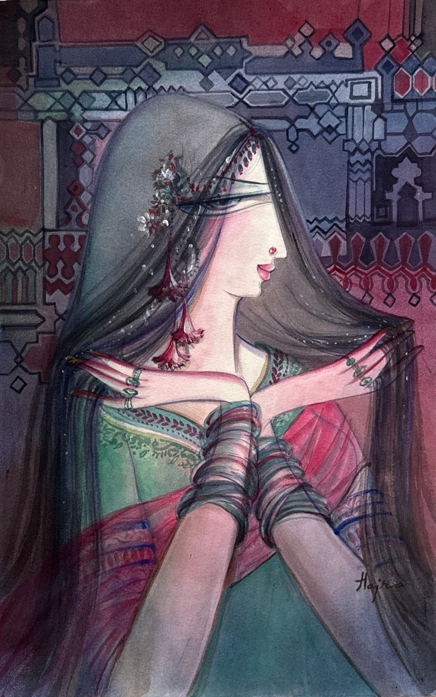 Untitled, Portrait Painting by Hajra Mansoor, Acrylic & watercolour on paper, 15 x 22.4 inches