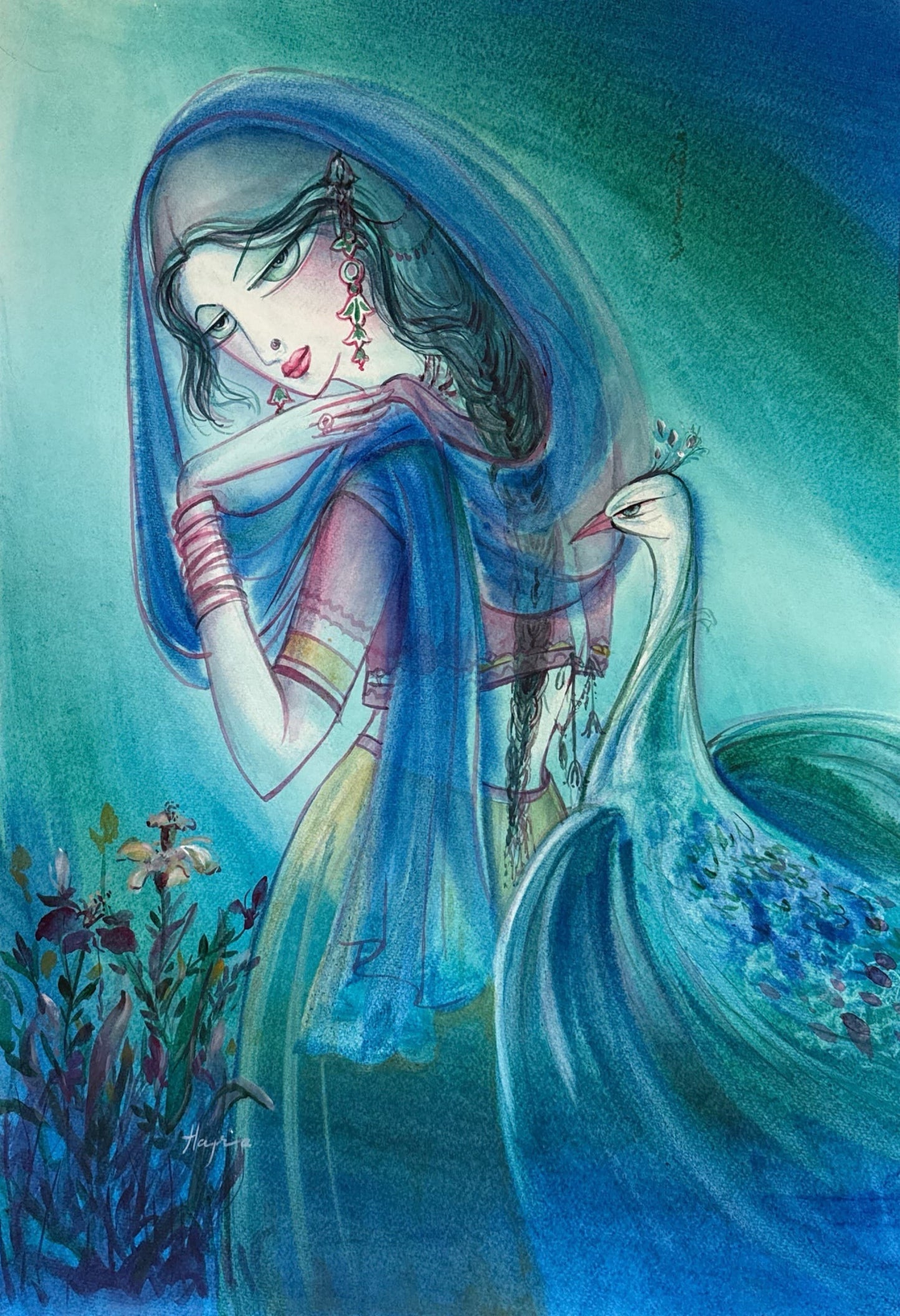 Untitled, Portrait Painting by Hajra Mansoor, Acrylic & watercolour on paper, 18 x 24 inches