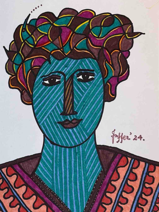 Untitled, Portrait Painting by Wahab Jaffer, Mixed Media on Paper, 8.5 x 12 inches