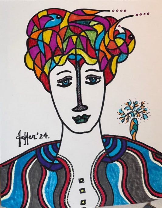 Untitled, Portrait Painting by Wahab Jaffer, Mixed Media on Paper, 8.5 x 12 inches