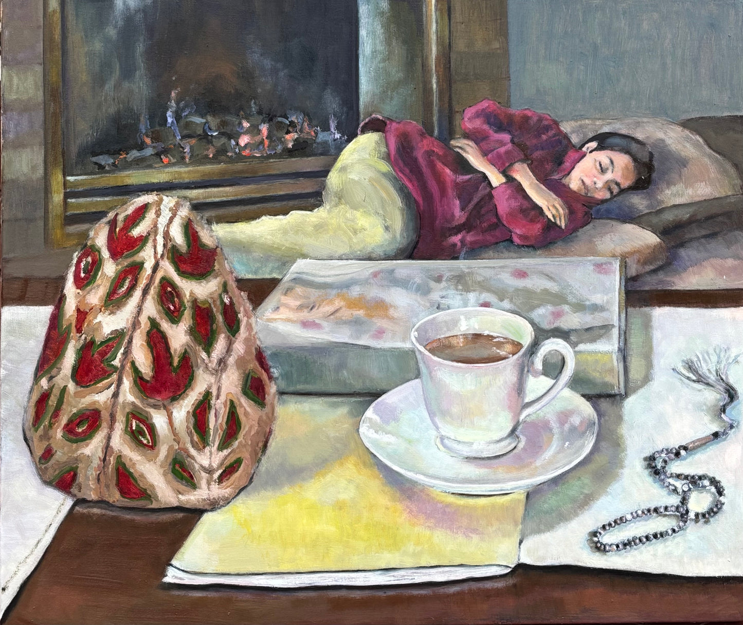 Sanctums of Comfort-II, Figurative Painting by Rahat Naveed, Oil on Canvas, 19 x 16 Inches