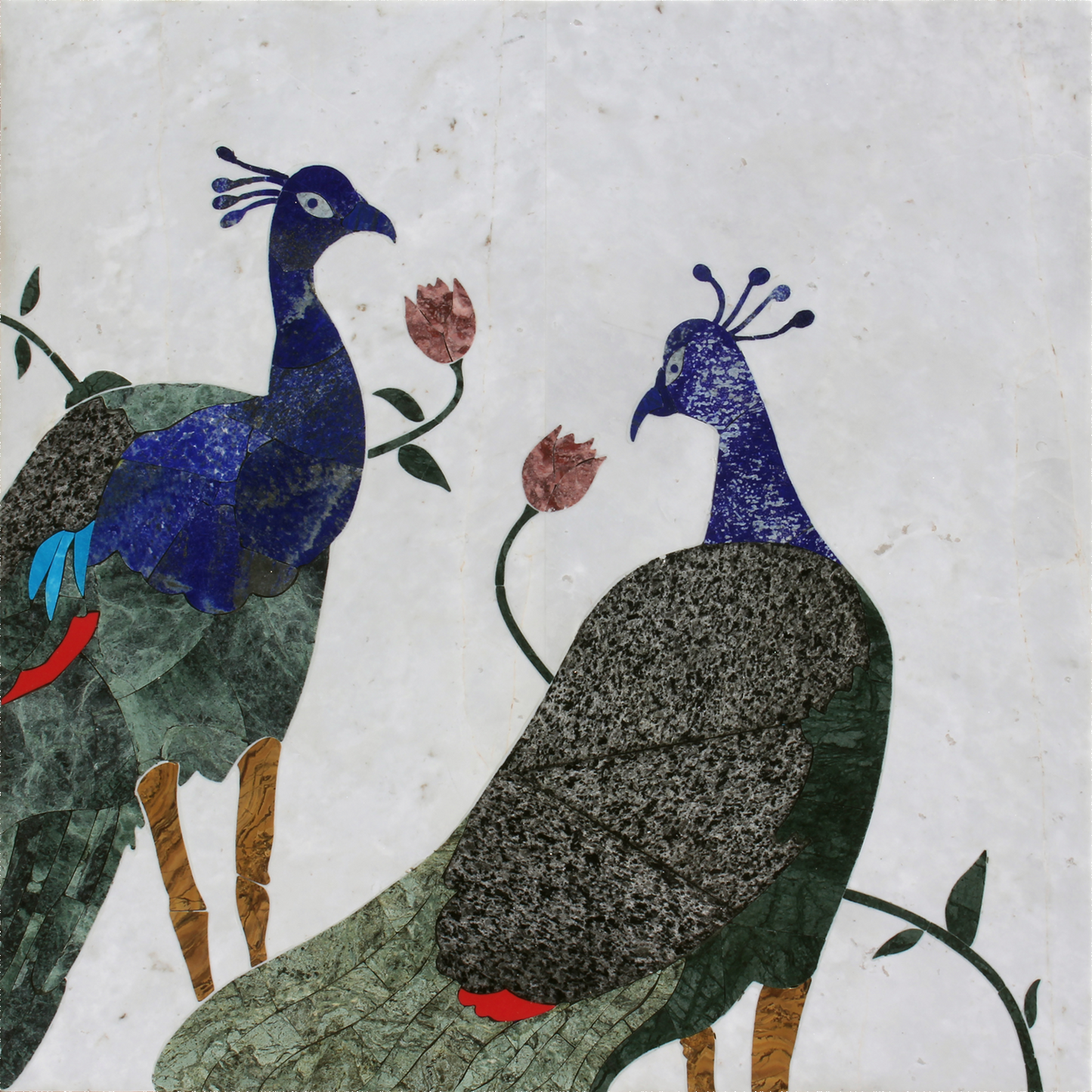 "Bird Series", Figurative Artwork by Aqib Faiz, Lapis Lazuli, coral turquoise, granite green, Indian green, nowsherapink, onyx multi inlayed in carrara white marble, 23 x 23 inches