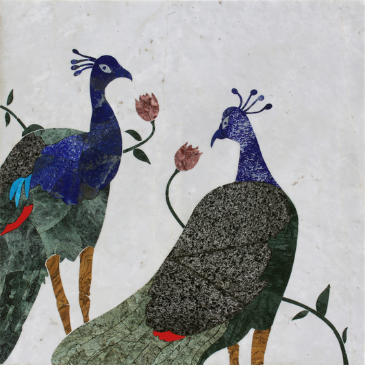 "Bird Series", Figurative Artwork by Aqib Faiz, Lapis Lazuli, coral turquoise, granite green, Indian green, nowsherapink, onyx multi inlayed in carrara white marble, 23 x 23 inches