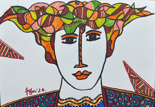 3 Birds, Portrait Painting by Wahab Jaffer, Mixed Media on Paper, 12 x 8.5 Inches
