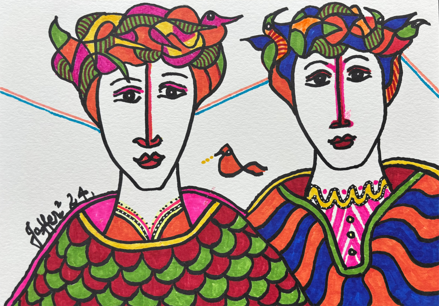 5 Birds, Portrait Painting by Wahab Jaffer, Mixed Media on Paper, 12 x 8.5 Inches
