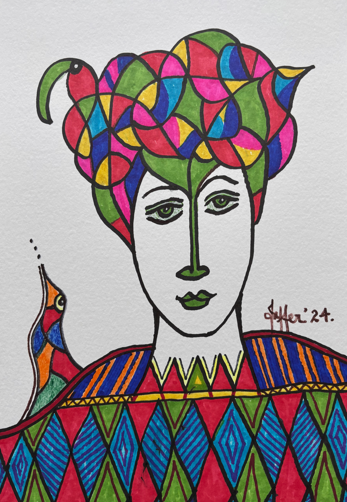 2 Birds, Portrait Painting by Wahab Jaffer, Mixed Media on Paper, 8.5 x 12 Inches