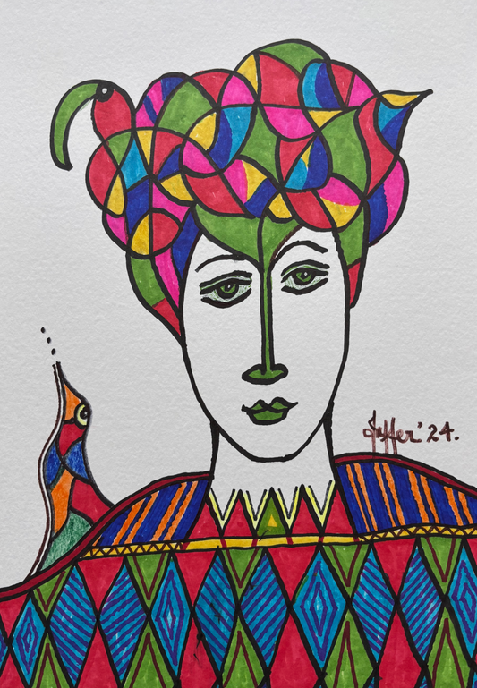 2 Birds, Portrait Painting by Wahab Jaffer, Mixed Media on Paper, 8.5 x 12 Inches