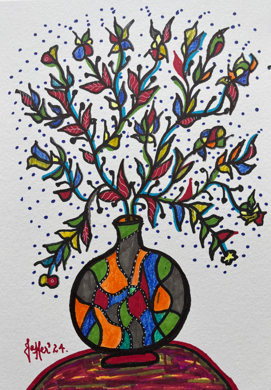 4 Birds, Floral Painting by Wahab Jaffer, Mixed Media on Paper, 8.5 x 12 Inches