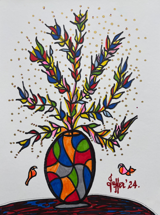 2 Birds, Floral Painting by Wahab Jaffer, Mixed Media on Paper, 9 x 12 Inches