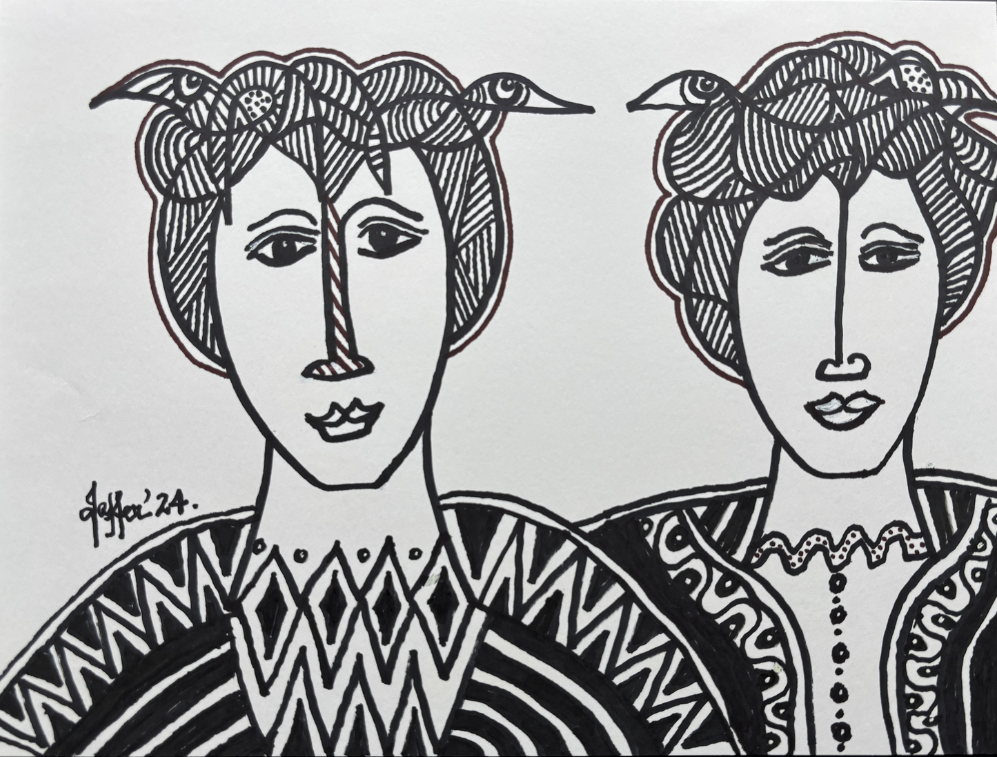 3 Birds, Portrait Painting by Wahab Jaffer, Mixed Media on Paper, 12 x 9 Inches