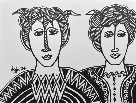 3 Birds, Portrait Painting by Wahab Jaffer, Mixed Media on Paper, 12 x 9 Inches
