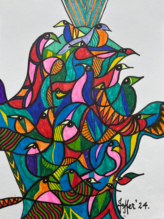 21 Birds, Abstract Painting by Wahab Jaffer, Mixed Media on Paper, 9 x 12 Inches