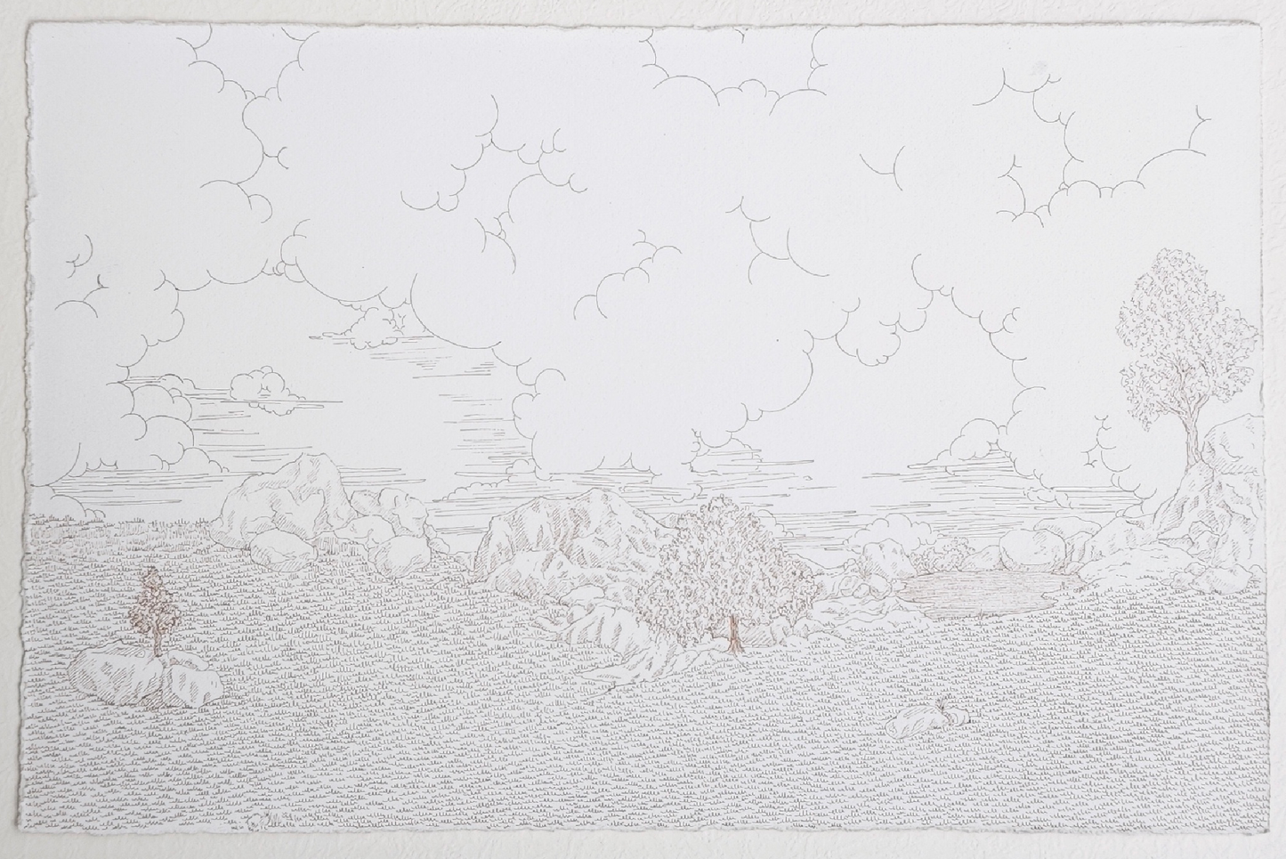 Emptiness, Landscape Drawing by Onaiz Taji, Ink on Arches Paper, 10 x 6.5 Inches