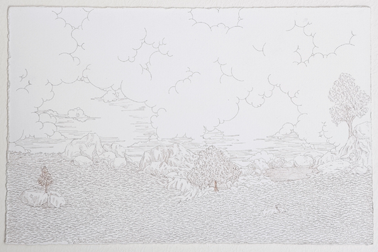 Emptiness, Landscape Drawing by Onaiz Taji, Ink on Arches Paper, 10 x 6.5 Inches