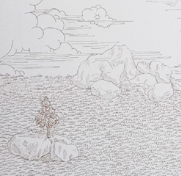 Emptiness, Landscape Drawing by Onaiz Taji, Ink on Arches Paper, 10 x 6.5 Inches