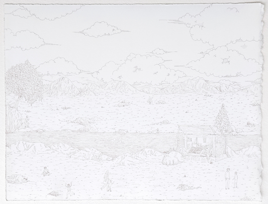 Khuzdar, Landscape Drawing by Onaiz Taji, Ink on Arches Paper, 13 x 10 Inches