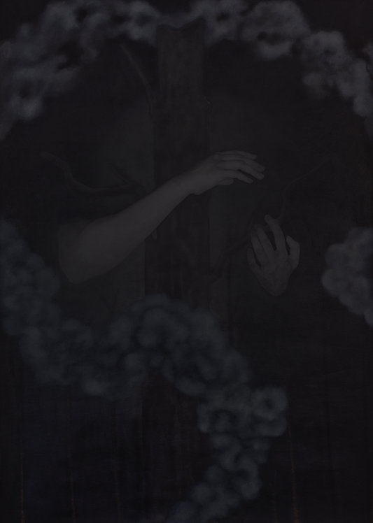 A Prayer for Forgiveness, Grey and Beyond, Painting by Nifesah Mehru NIsa, Oil on Paper, 28.5 x 40 inches