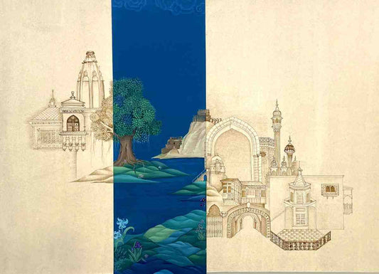 Neel Ka Safar, Cityscape Painting by Fatima Maqbool, Gouache & Tea Wash on Wasli, 18 x 15 inches
