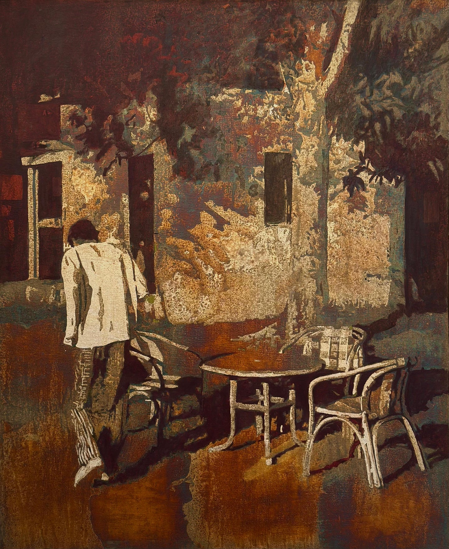 No Point To Sit & Talk, Figurative Painting by Swarim Abid, Oil Paints & Oxidized Silver leaf on Canvas, 17.7 x 21.7 inches
