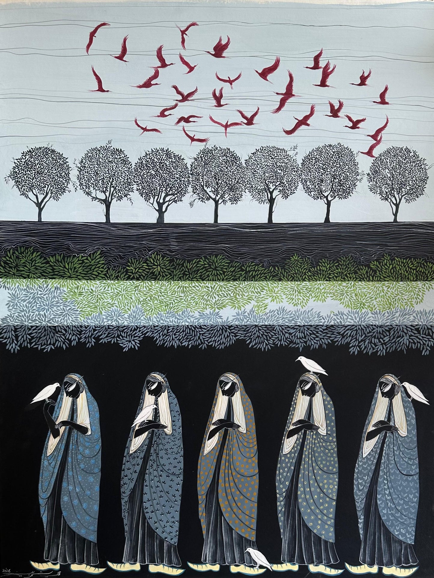 Confluence, Landscape Painting by Samreen Asghar, Herbal & Opaque Watercolors on Wasli, 21 x 27 Inches