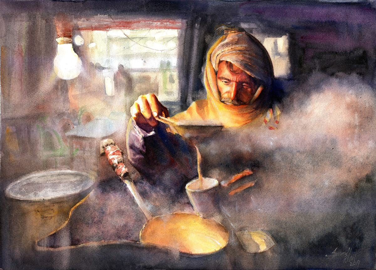 Pakistani Tea Man, Painting by Imran Khan, Watercolour on Paper, 29 x 21 inches