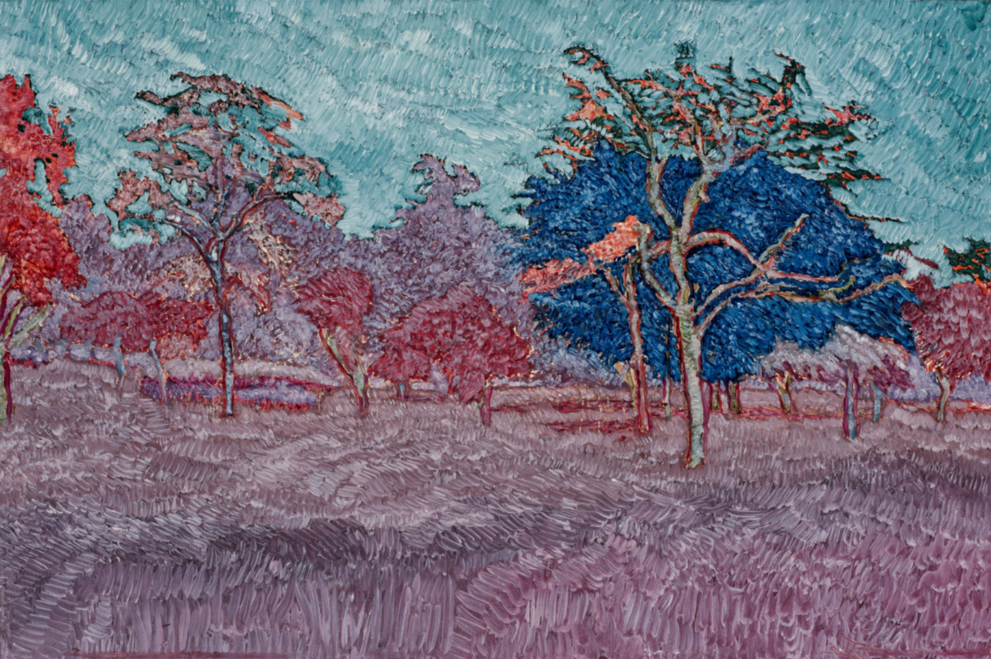 Trees Under Hedge, Landscape Painting by Yawar Abbas, Oil on Canvas, 36 x 24 Inches