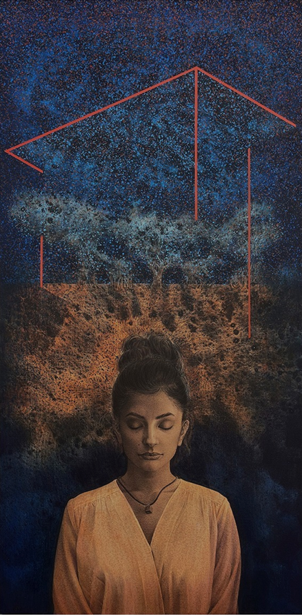 Quite Time, Figurative Painting by R.M. Naeem, Acrylics on Canvas, 23.5 x 47.5 Inches