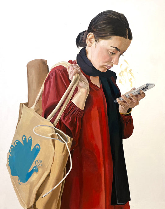 Stillness In The Scroll, Figurative Painting by Hadia Rizwan, Oil on Canvas, 36 x 45.5 inches