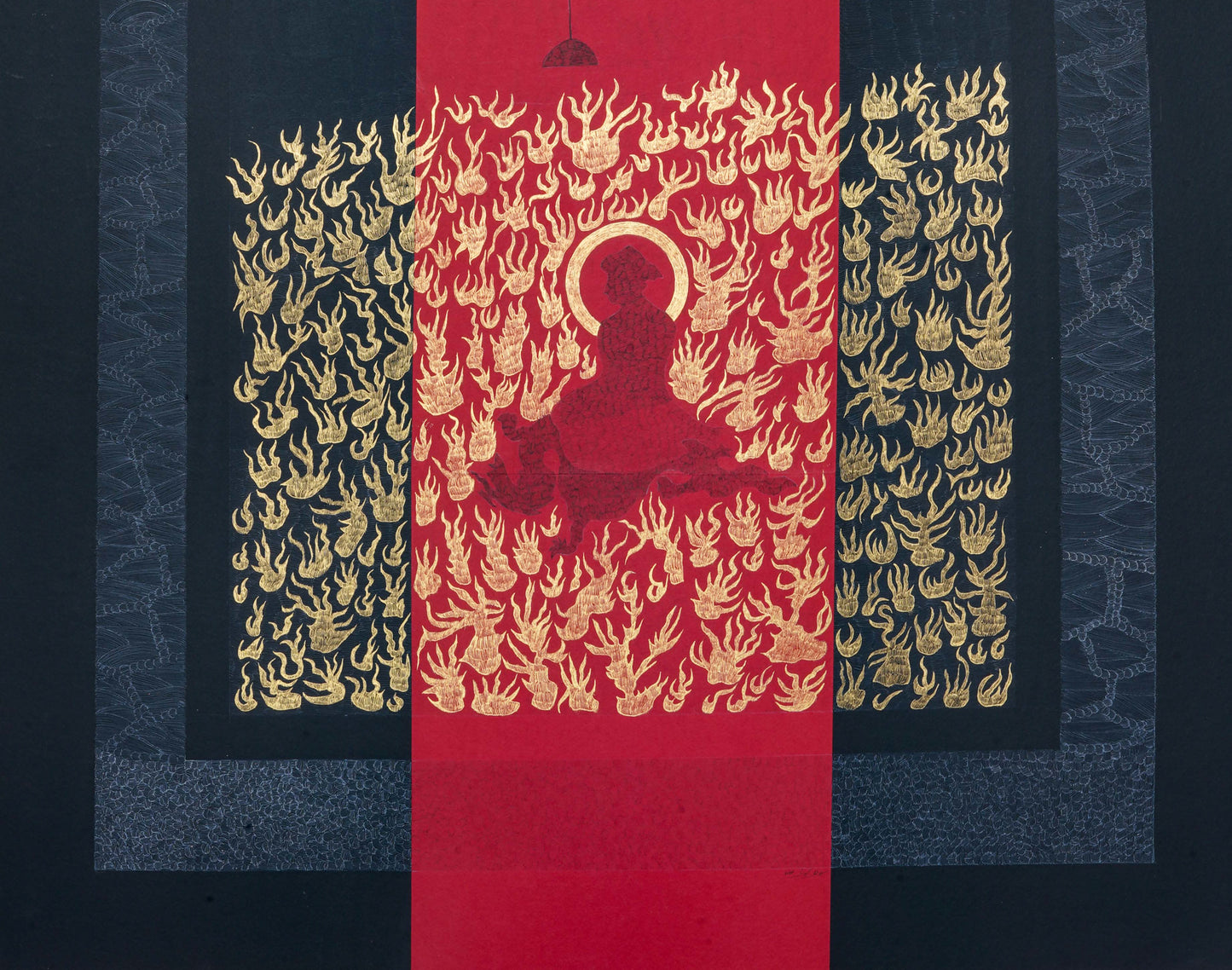 The Furnace of Faith, Figurative Artwork by Ali Gillani, Gold, Archival Inks, & Gouache on Wasli, 26 x 20 Inches