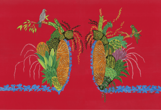 The Garden She Kept Hidden, Painting by Hifza Khan, Gouache on Acid Free Wasli & Red Chrysanthemum Variegated Leaf Transferi, 29 x 23 Inches