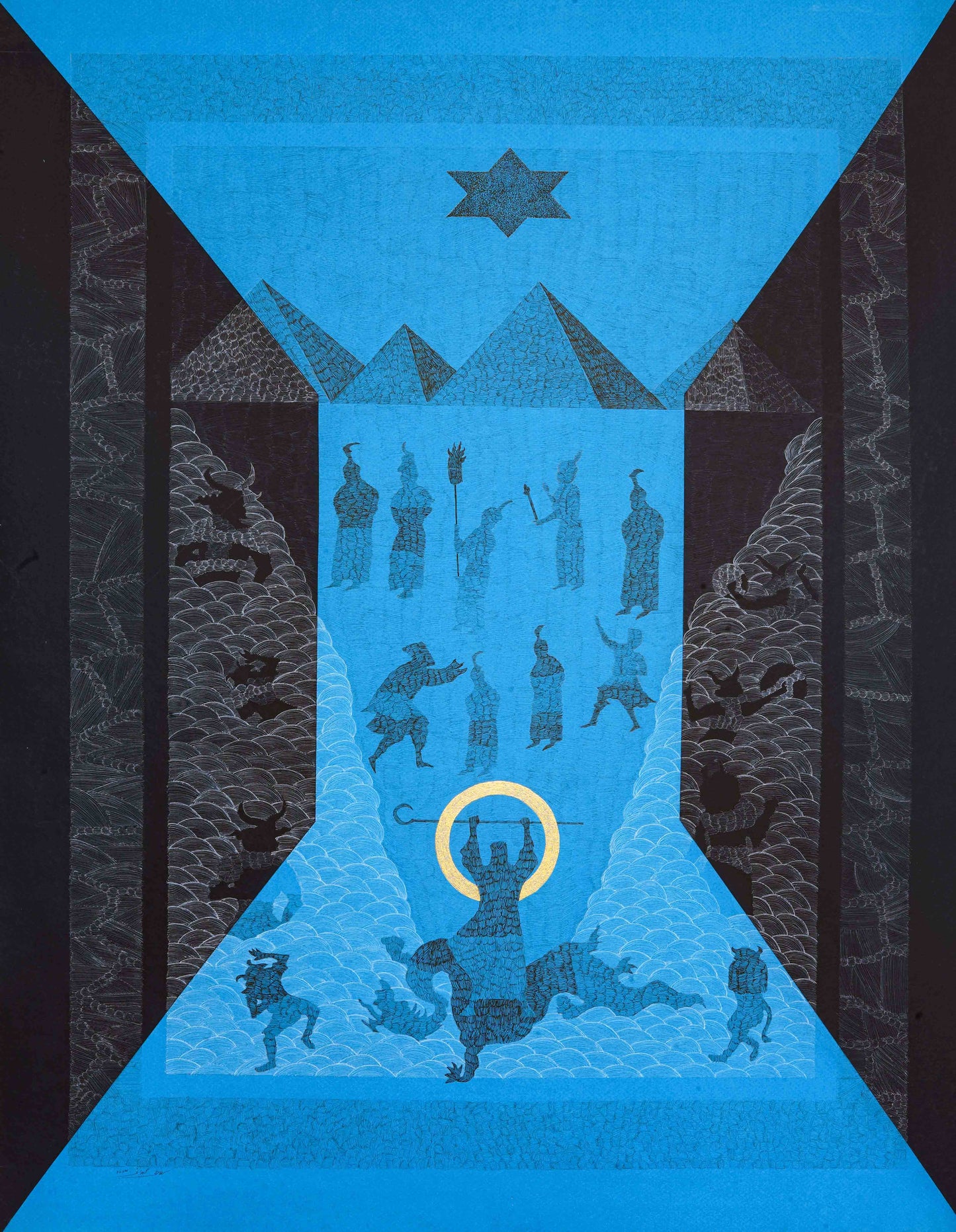The Red Sea , Figurative Artwork by Ali Gillani, Gold, Archival Inks, & Gouache on Wasli, 28 x 22 Inches