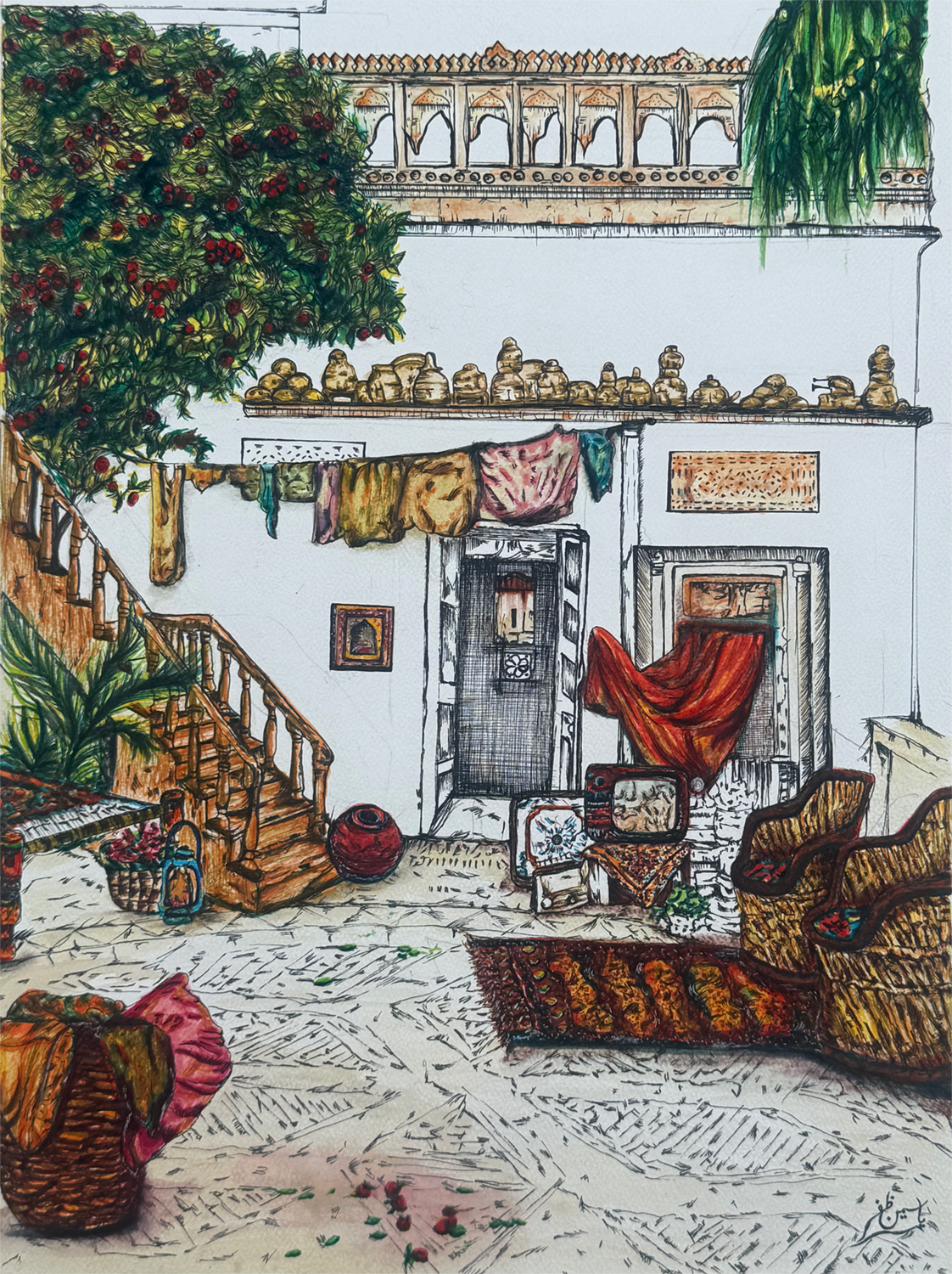 Khamosh Sehan, Painting by Yasmeen Zafar, Markers & Watercolor on Paper, 12.5 x 17 inches