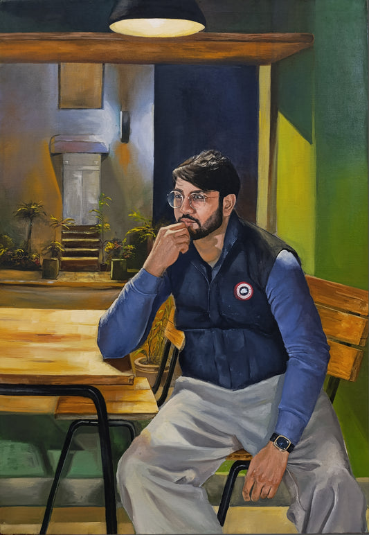 Under the Yellow Light, Figurative Painting by Muqeet Haider, Oil on Canvas, 22 x 35.4 inches