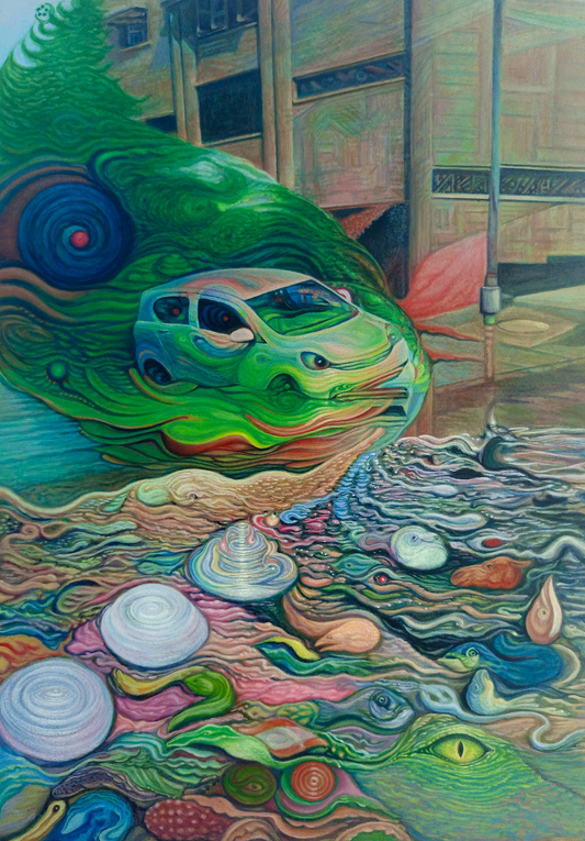 Urban Ark, Painting by Azher Khan, Oil on Wasli, 8 x 11 inches